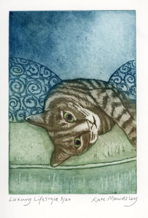 Luxury Lifestyle Etching of a Cat on cushions
